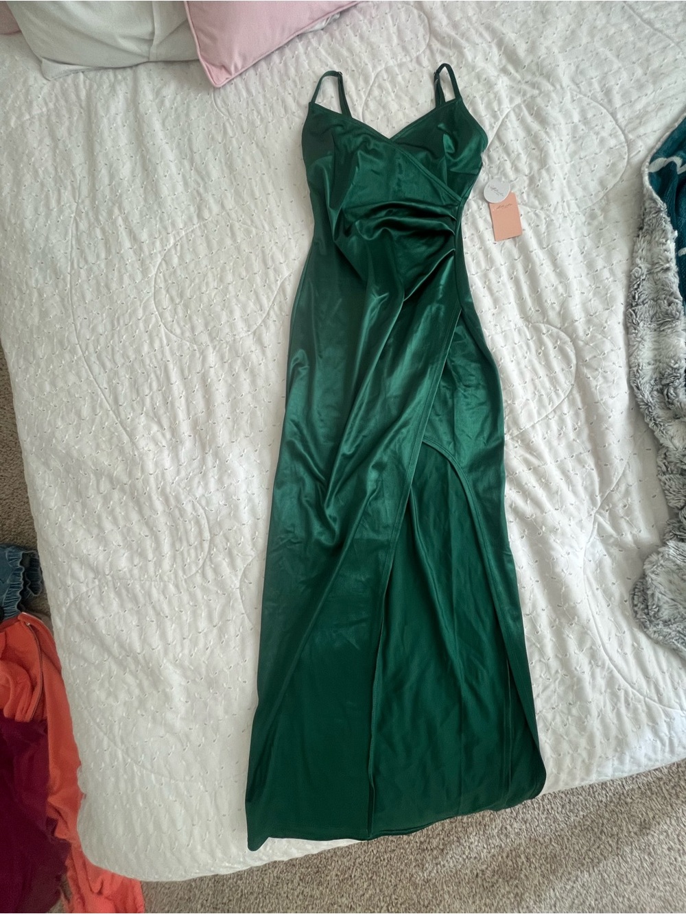 Emerald Green Satin Slip Dress with Side Slit